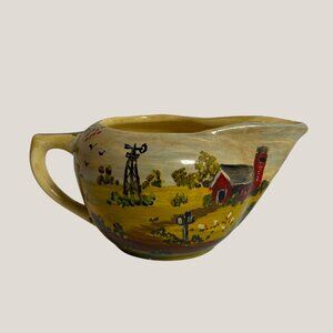 Vintage Creamer BAUER USA Hand Painted Farm Scene, Rustic